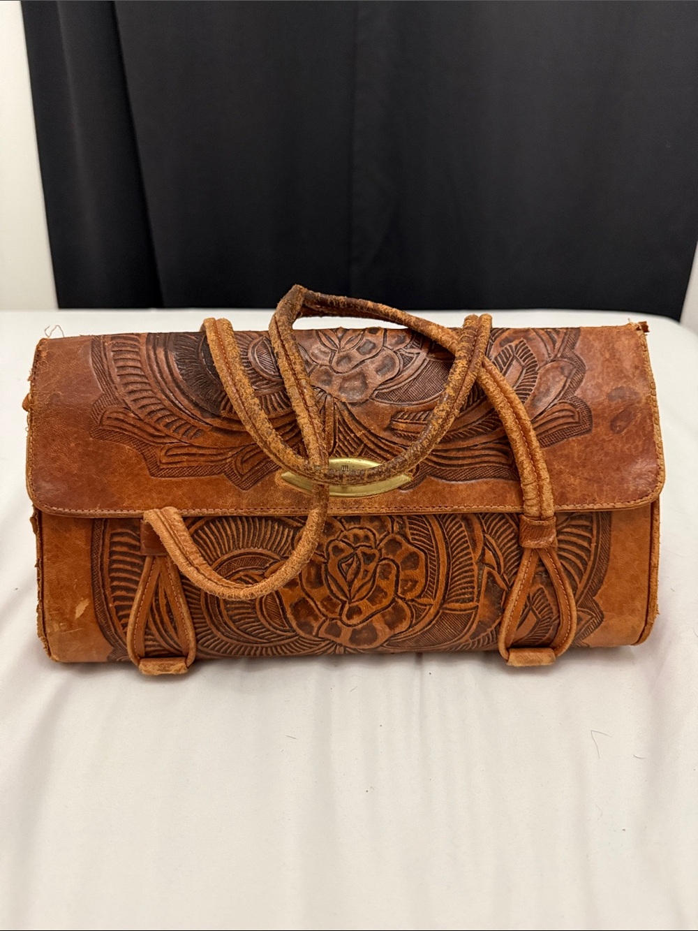 Hand-Tooled Brown Leather Roll-Top Women's Bag